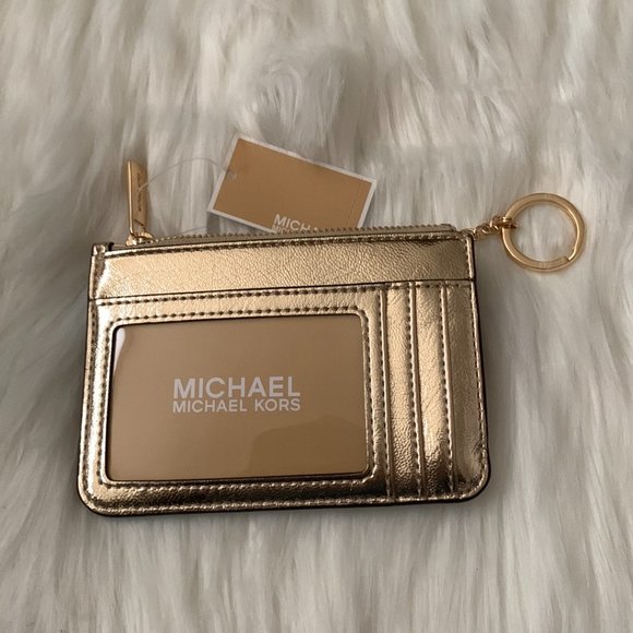 MICHAEL KORS Crinkle Patent Leather Coin, Card, Key Wallet in Pale Gold - Picture 2 of 2